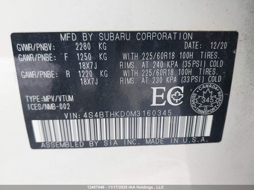 4S4BTHKD0M3160345 2021 SUBARU OUTBACK photo no. 9