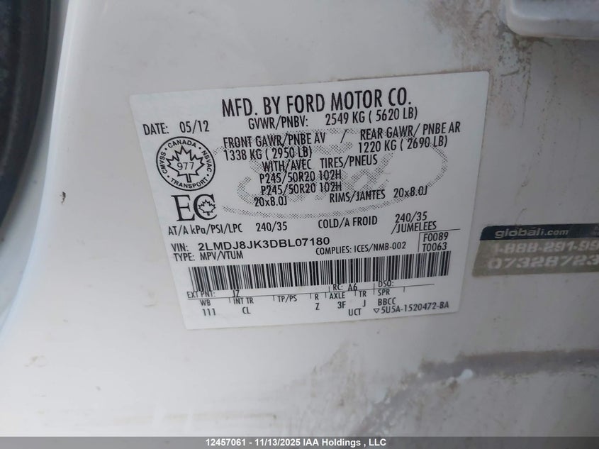 2013 Lincoln Mkx VIN: 2LMDJ8JK3DBL07180 Lot: 12457061