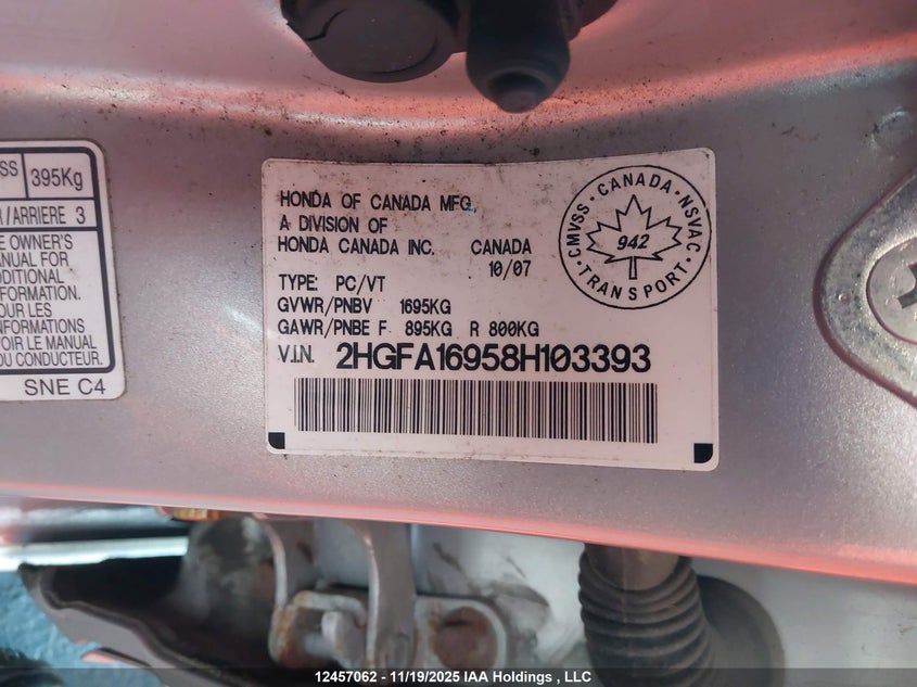 2HGFA16958H103393 2008 HONDA CIVIC photo no. 9