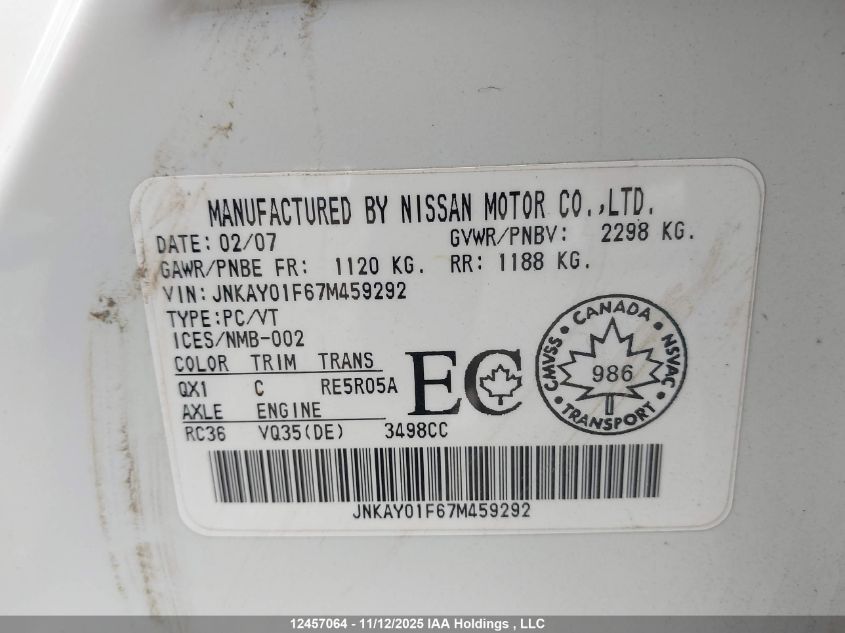 2007 Infiniti M35X VIN: JNKAY01F67M459292 Lot: 12457064