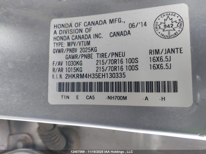 2014 Honda Cr-V Lx VIN: 2HKRM4H35EH130335 Lot: 12457069