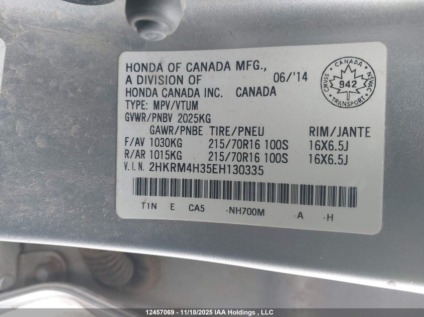 2014 Honda Cr-V Lx VIN: 2HKRM4H35EH130335 Lot: 12457069