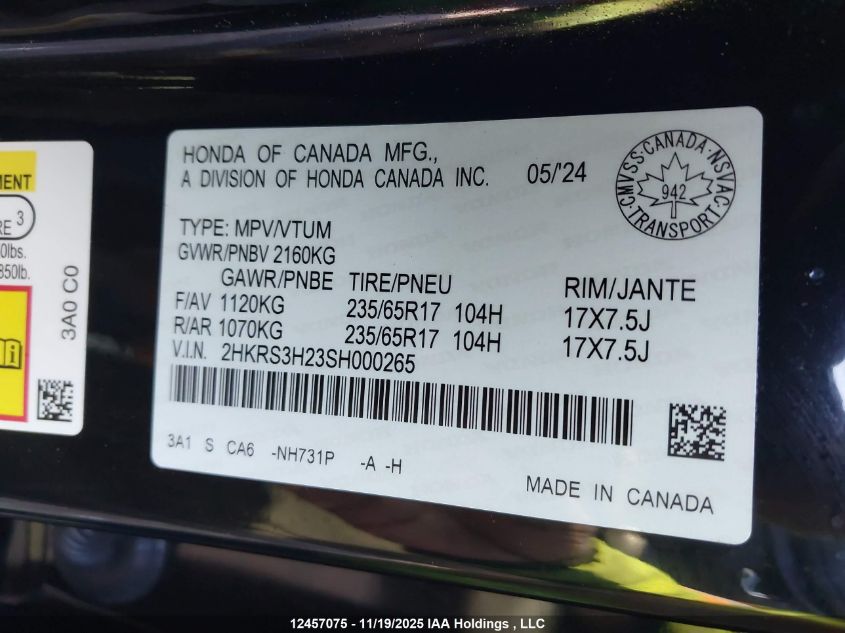 2025 Honda Cr-V Lx VIN: 2HKRS3H23SH000265 Lot: 12457075