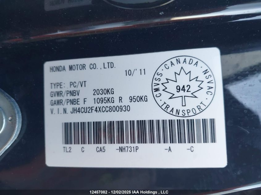 2012 Acura Tsx VIN: JH4CU2F4XCC800930 Lot: 12457082