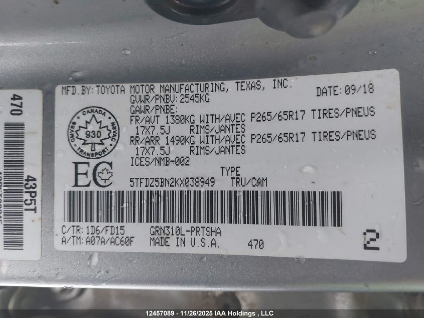 2019 Toyota Tacoma Double Cab/Sr5/Trd Sport/Trd Off Road VIN: 5TFDZ5BN2KX038949 Lot: 12457089