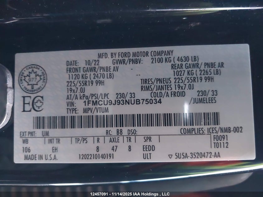 2022 Ford Escape Titanium VIN: 1FMCU9J93NUB75034 Lot: 12457091