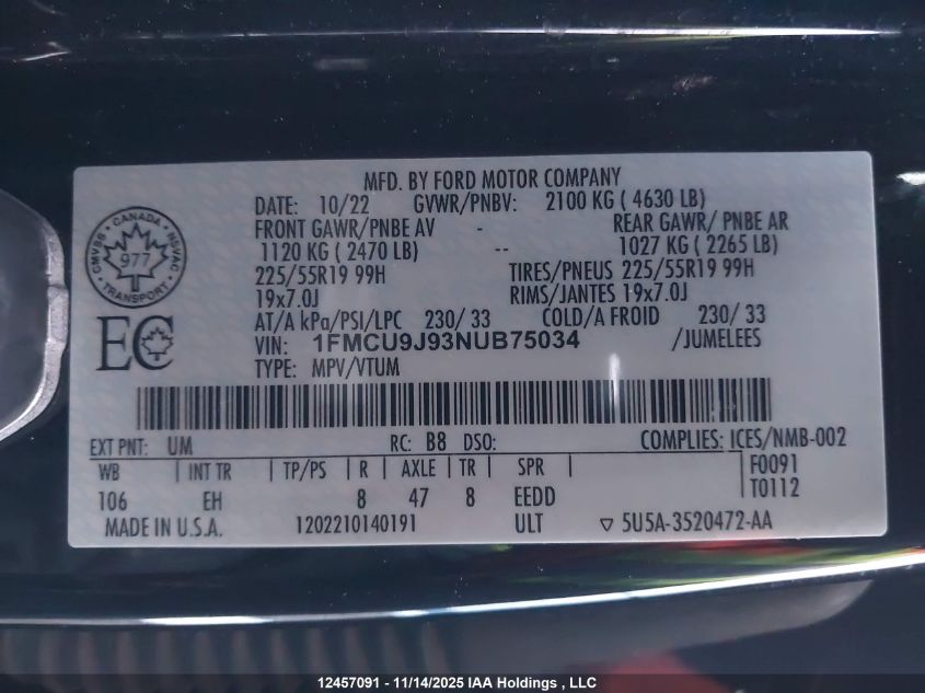 2022 Ford Escape Titanium VIN: 1FMCU9J93NUB75034 Lot: 12457091