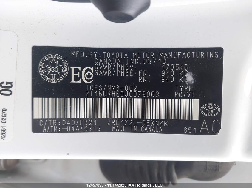 2T1BURHE9JC079063 2018 TOYOTA COROLLA photo no. 9