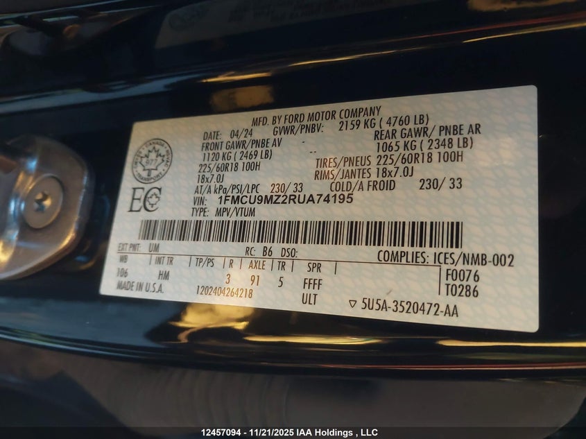 1FMCU9MZ2RUA74195 2024 FORD ESCAPE photo no. 9