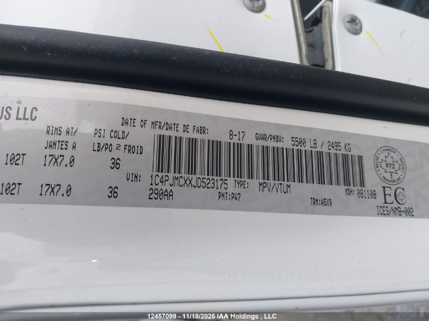 2018 Jeep Cherokee North VIN: 1C4PJMCXXJD523175 Lot: 12457099