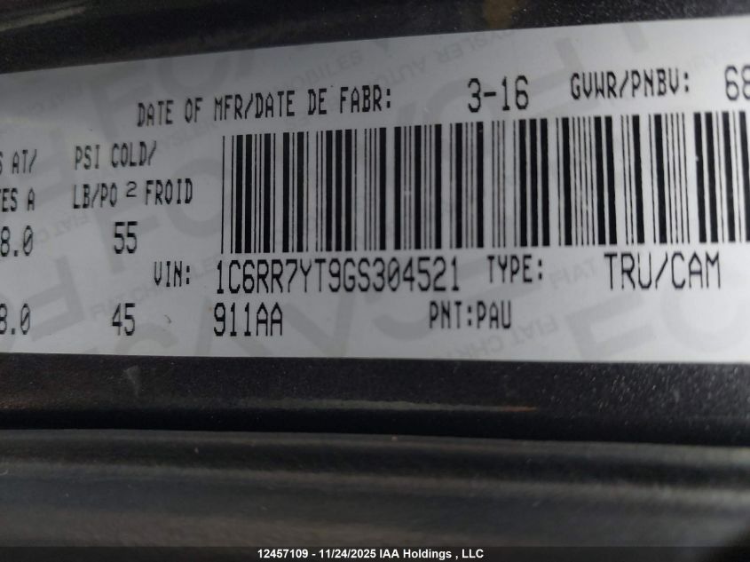 2016 Ram 1500 Rebel VIN: 1C6RR7YT9GS304521 Lot: 12457109