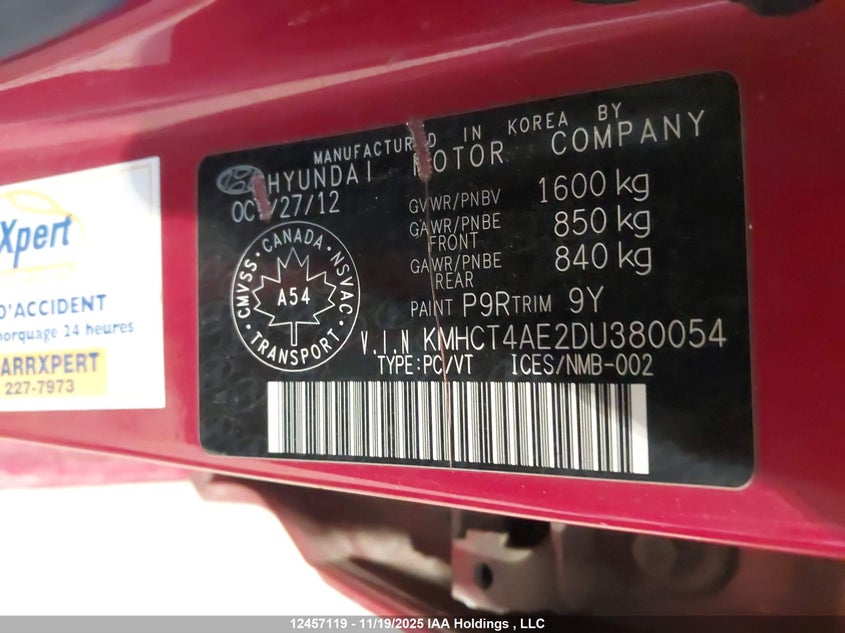 2013 Hyundai Accent VIN: KMHCT4AE2DU380054 Lot: 12457119