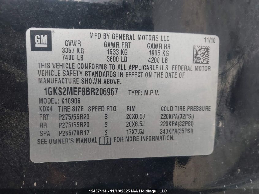 2011 GMC Yukon Xl 1500 Denali VIN: 1GKS2MEF8BR206967 Lot: 12457134