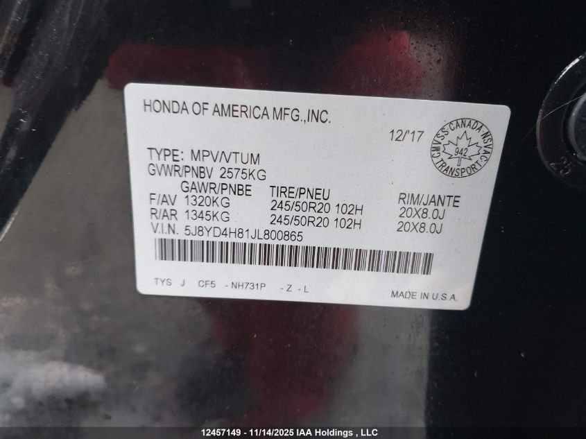 2018 Acura Mdx Advance VIN: 5J8YD4H81JL800865 Lot: 12457149