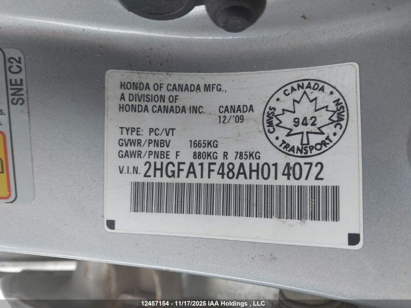 2010 Honda Civic Dx-G VIN: 2HGFA1F48AH014072 Lot: 12457154