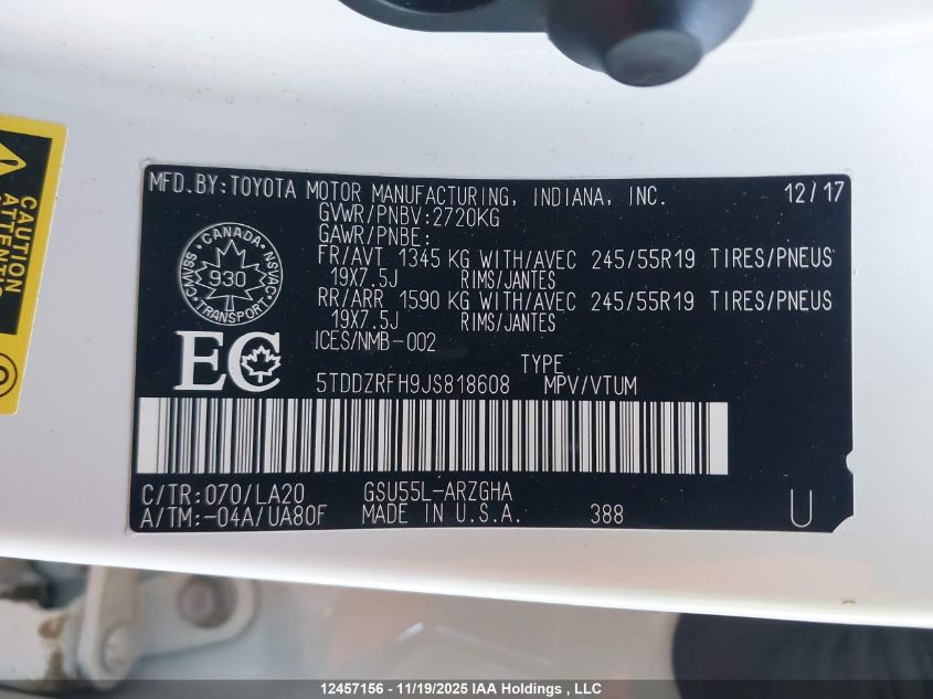 2018 Toyota Highlander Limited/Ltd Platinum VIN: 5TDDZRFH9JS818608 Lot: 12457156