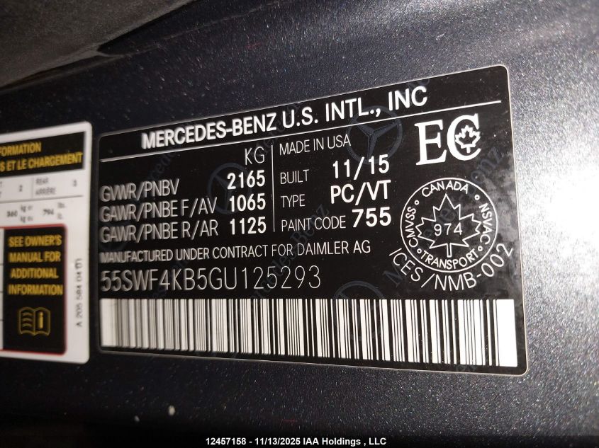 2016 Mercedes-Benz C 300 4Matic VIN: 55SWF4KB5GU125293 Lot: 12457158