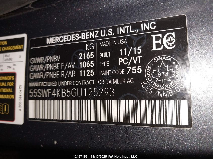 2016 Mercedes-Benz C 300 4Matic VIN: 55SWF4KB5GU125293 Lot: 12457158