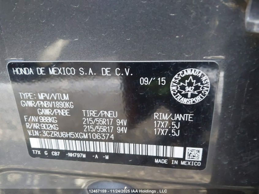 2016 Honda Hr-V Ex VIN: 3CZRU6H5XGM106374 Lot: 12457159