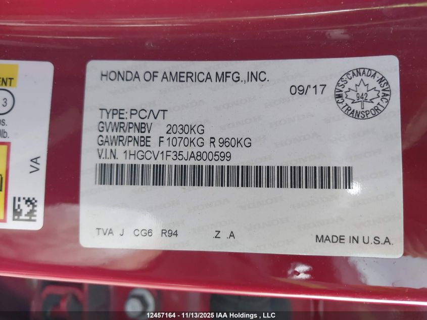 2018 Honda Accord Sport VIN: 1HGCV1F35JA800599 Lot: 12457164