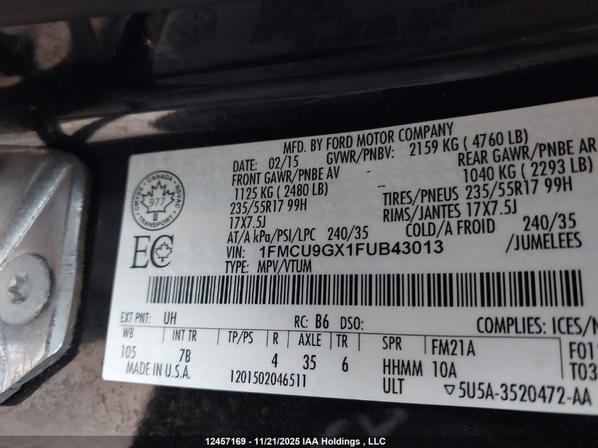 2015 Ford Escape Se VIN: 1FMCU9GX1FUB43013 Lot: 12457169