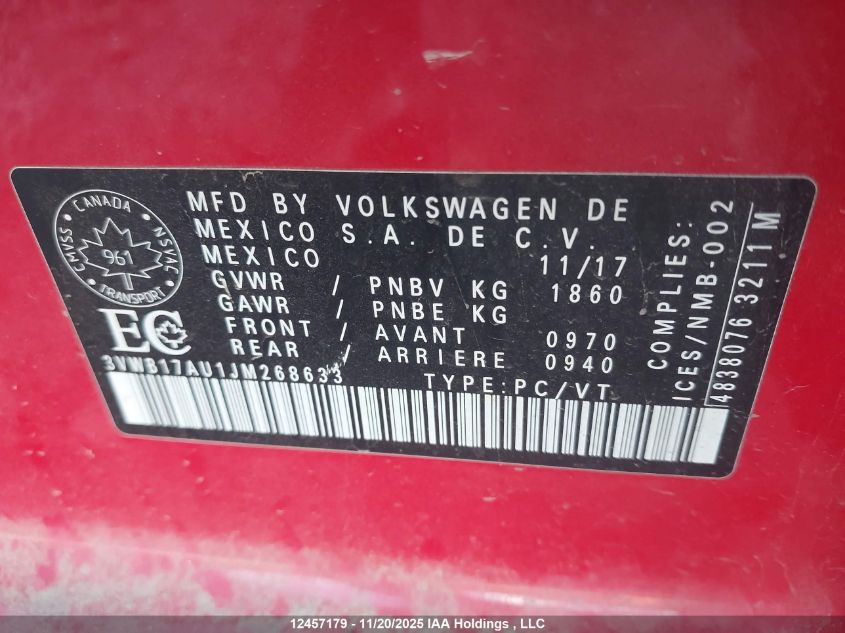 2018 Volkswagen Golf S/Se VIN: 3VWB17AU1JM268633 Lot: 12457179