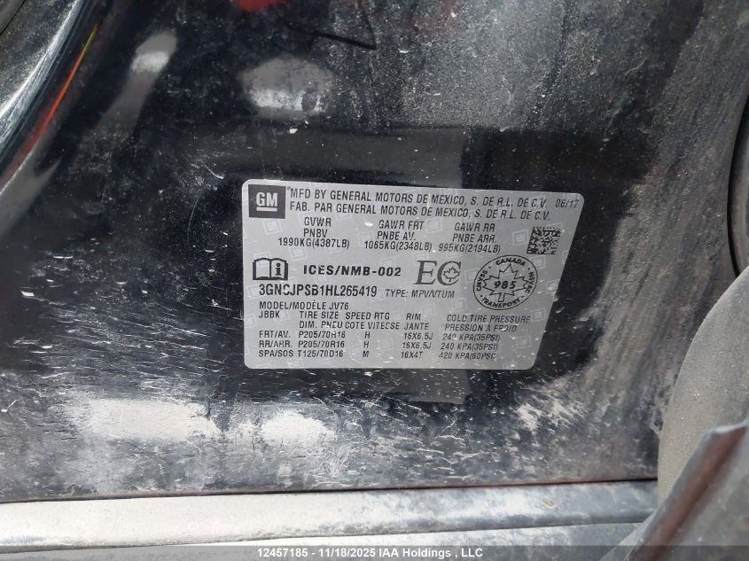 2017 Chevrolet Trax Lt VIN: 3GNCJPSB1HL265419 Lot: 12457185