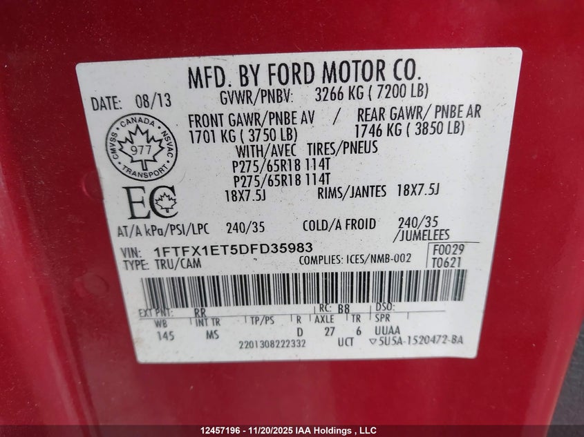 2013 Ford F-150 VIN: 1FTFX1ET5DFD35983 Lot: 12457196