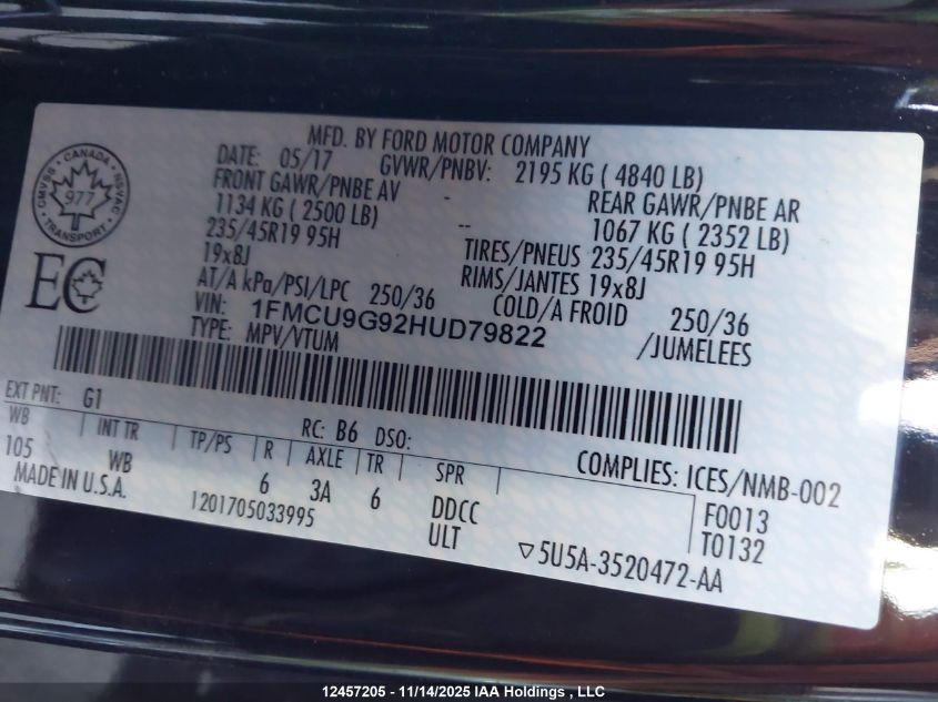 2017 Ford Escape Se VIN: 1FMCU9G92HUD79822 Lot: 12457205