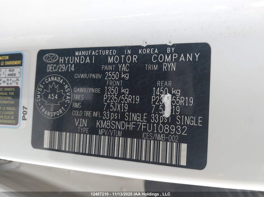 2015 Hyundai Santa Fe Xl Limited VIN: KM8SNDHF7FU108932 Lot: 12457210