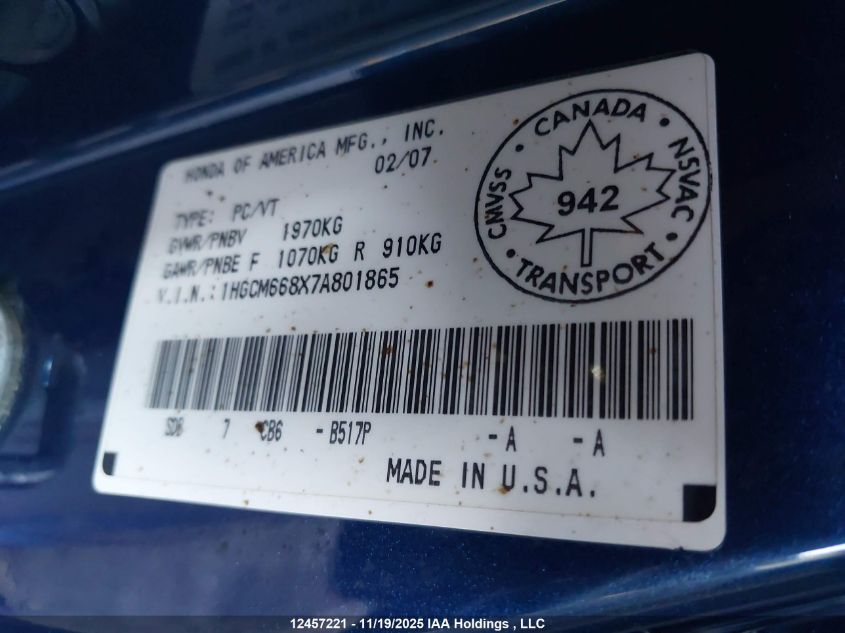 2007 Honda Accord Ex VIN: 1HGCM668X7A801865 Lot: 12457221