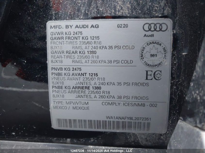 2020 Audi Q5 Premium/Titanium Premium VIN: WA1ANAFY8L2072351 Lot: 12457236