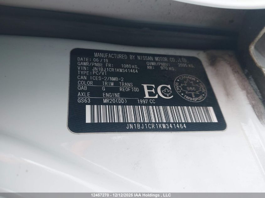 2019 Nissan Qashqai VIN: JN1BJ1CR1KW341464 Lot: 12457270