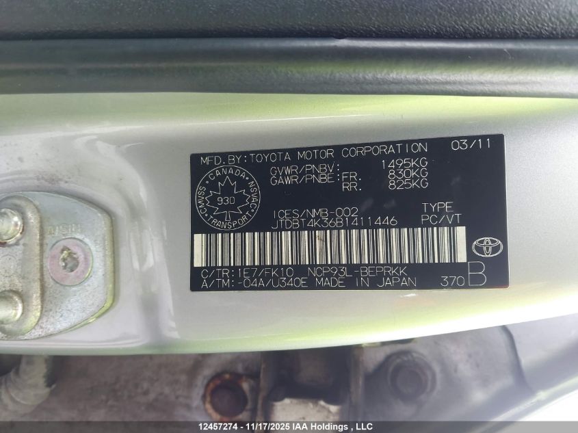 2011 Toyota Yaris VIN: JTDBT4K36B1411446 Lot: 12457274