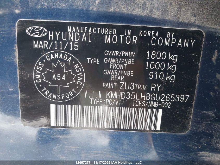 2016 Hyundai Elantra Gt Gls VIN: KMHD35LH8GU265397 Lot: 12457277