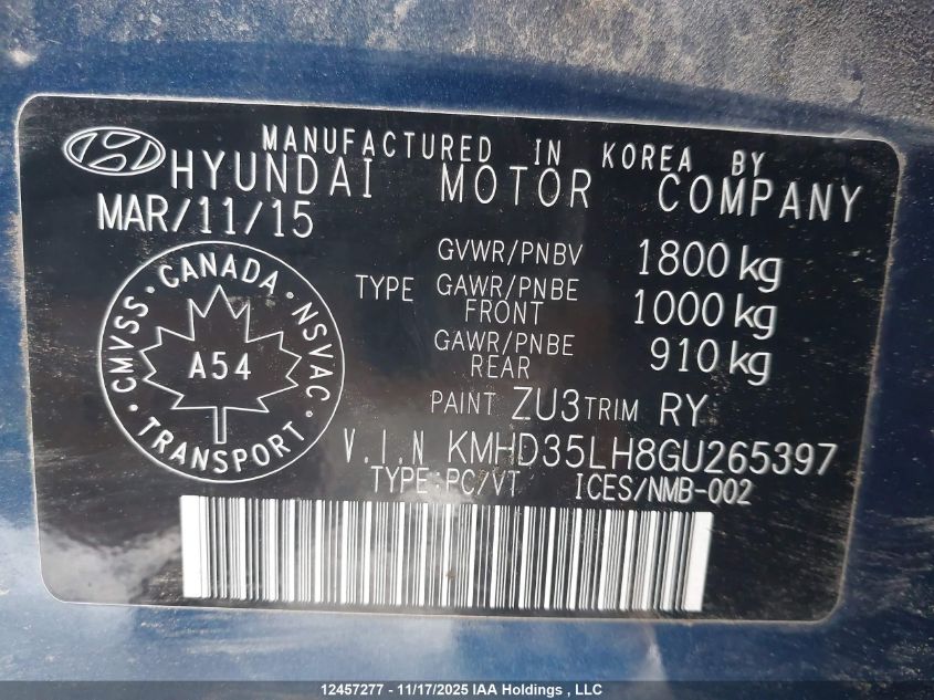 2016 Hyundai Elantra Gt Gls VIN: KMHD35LH8GU265397 Lot: 12457277