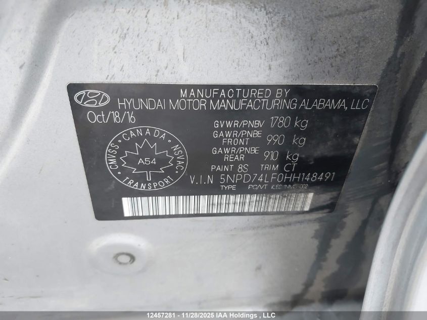 2017 Hyundai Elantra Se VIN: 5NPD74LF0HH148491 Lot: 12457281