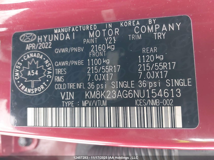 2022 Hyundai Kona Electric Preferred With Two-Tone Roof VIN: KM8K23AG6NU154613 Lot: 12457283