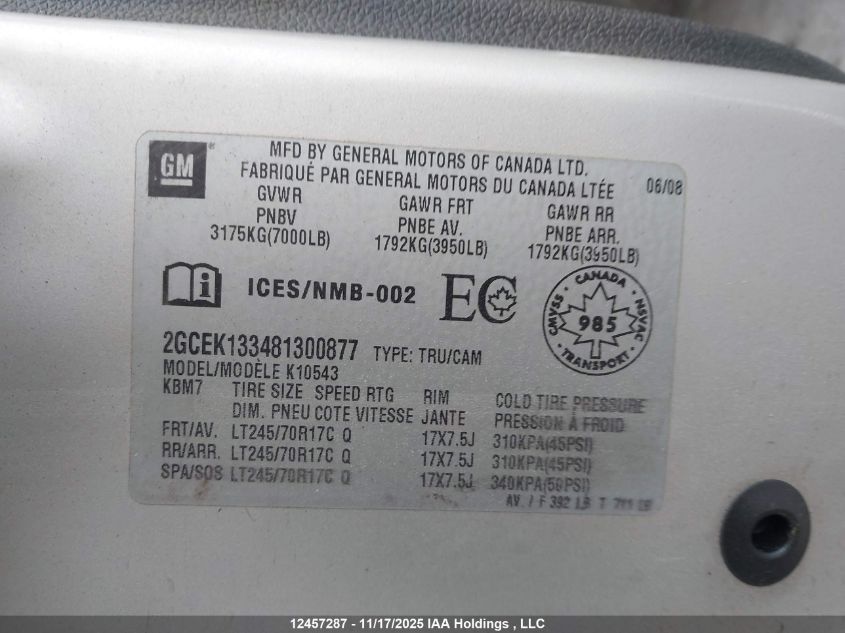 2008 Chevrolet Silverado 1500 Lt/Ltz/Wt VIN: 2GCEK133481300877 Lot: 12457287