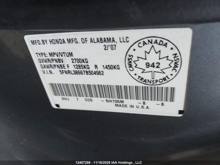 2007 Honda Odyssey Ex-L VIN: 5FNRL38667B504962 Lot: 12457288