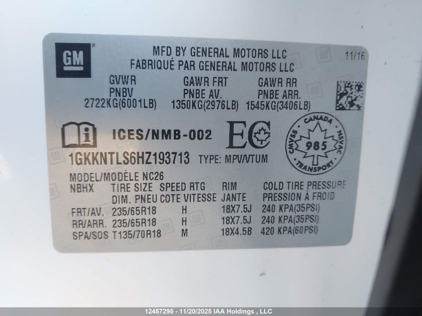 2017 GMC Acadia Sle-2 VIN: 1GKKNTLS6HZ193713 Lot: 12457295