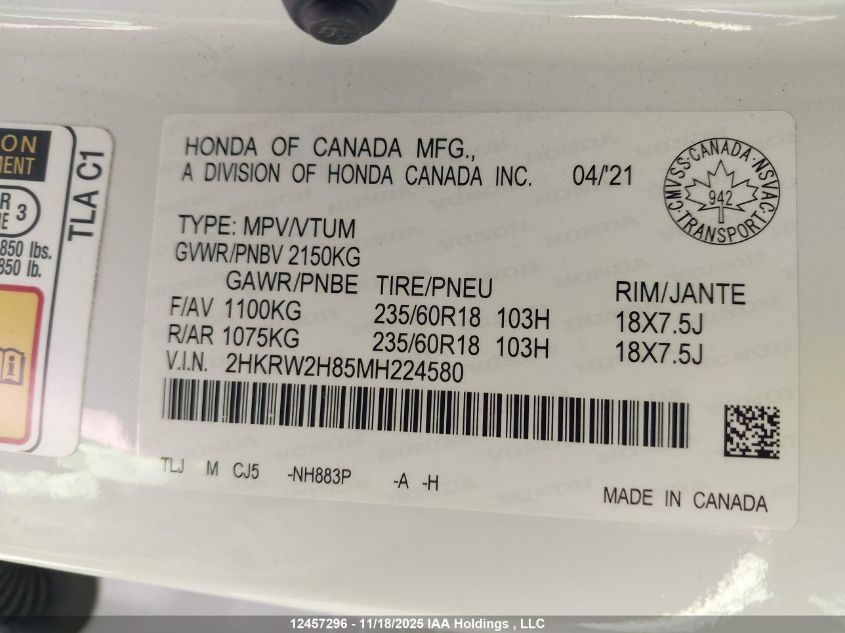 2021 Honda Cr-V Exl VIN: 2HKRW2H85MH224580 Lot: 12457296