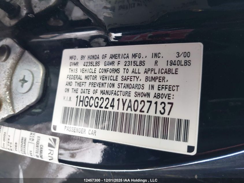 2000 Honda Accord 3.0 Lx VIN: 1HGCG2241YA027137 Lot: 12457300
