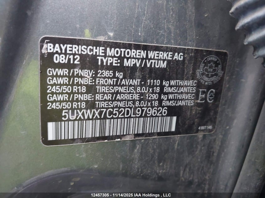 2013 BMW X3 xDrive35I VIN: 5UXWX7C52DL979626 Lot: 12457305