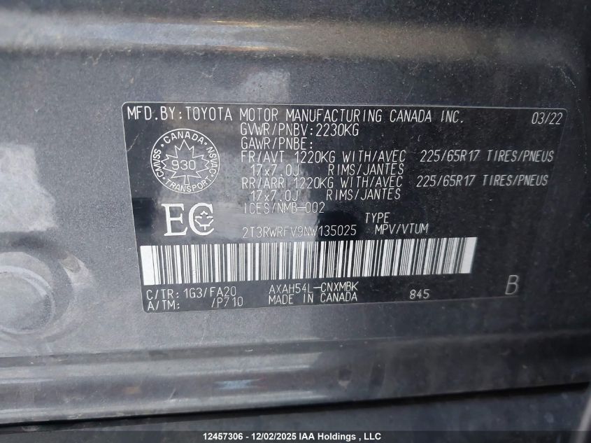 2022 Toyota Rav4 Xle VIN: 2T3RWRFV9NW135025 Lot: 12457306