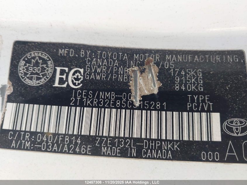 2005 Toyota Matrix Wagon VIN: 2T1KR32E85C915281 Lot: 12457308