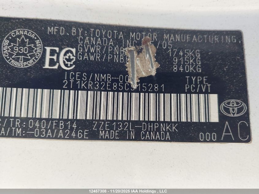 2005 Toyota Matrix Wagon VIN: 2T1KR32E85C915281 Lot: 12457308