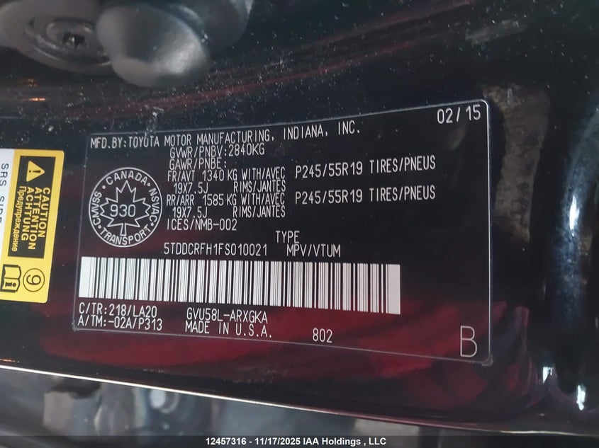 5TDDCRFH1FS010021 2015 TOYOTA HIGHLANDER photo no. 9