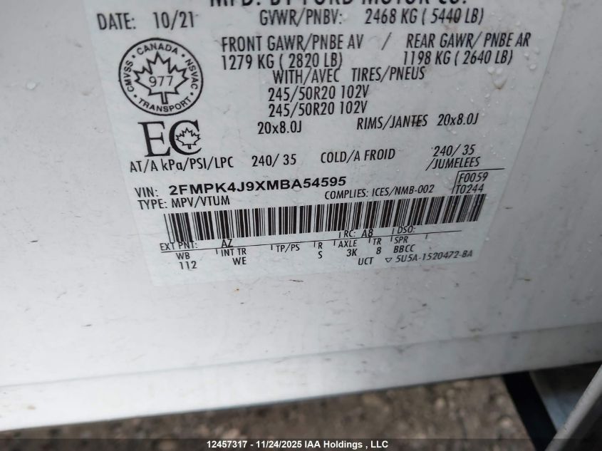 2021 Ford Edge St Line VIN: 2FMPK4J9XMBA54595 Lot: 12457317