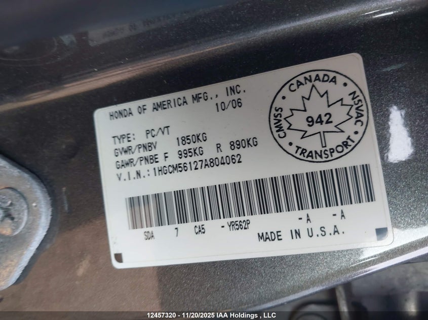 1HGCM56127A804062 2007 HONDA ACCORD photo no. 9